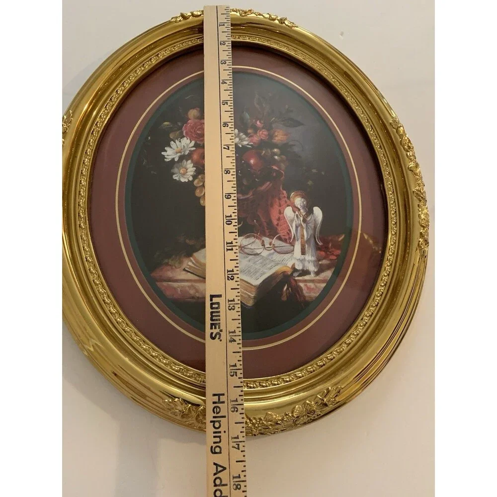 Vtg. Home Interiors Syroco style Floral Frame Bible Verse Angel Print Gold Frame